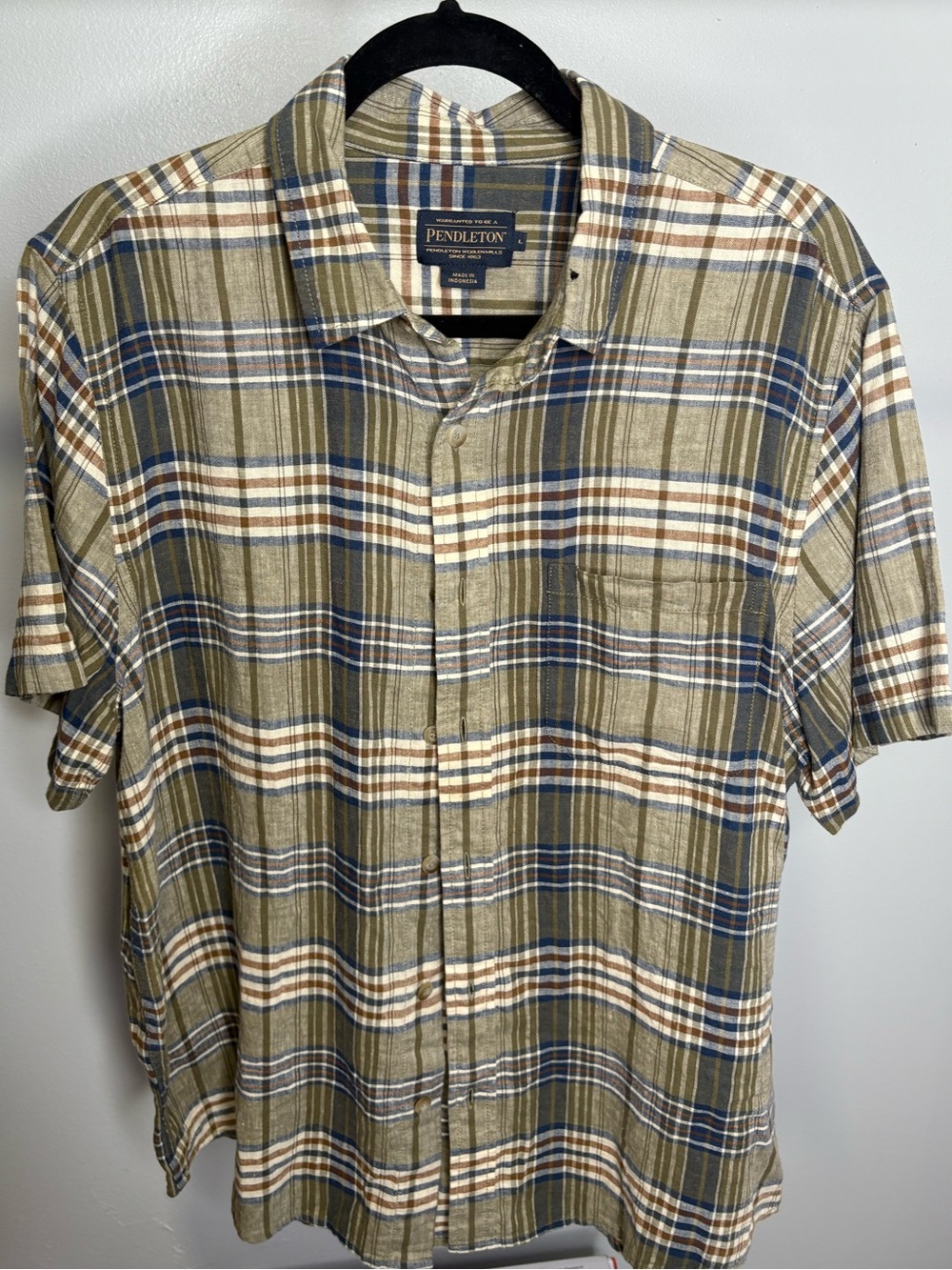 Pendleton Olive, Blue and Cream Plaid Short-Sleeve Button-Up Shirt